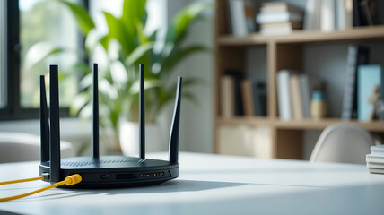 Modern Black High-Performance Wireless Router with Multiple Antennas and Yellow Ethernet Cables on a White Desk in a Bright Home Office.