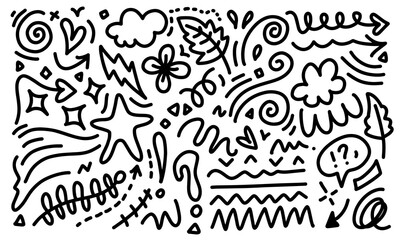 Hand drawn doodle design elements. cloud, arrow, heart, leaves, flower, star and other,
