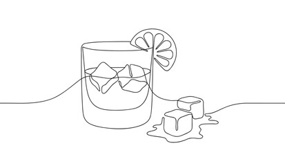 Whiskies and ice. Scotch on the rocks in glass. Whiskey and soda. Continuous one line drawing vector illustration