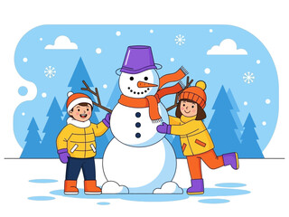 Happy children playing with a snowman in the snow, a fun winter holiday illustration