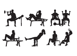 Silhouette workout figures doing squats and lunges, polished vector lines, subtle pose variations.