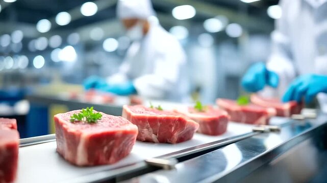 Fresh beef steaks, metal conveyor belt, workers white suits, blue gloves preparing, meat cuts modern, food processing plant, beef production line, factory manufacturing system, fac