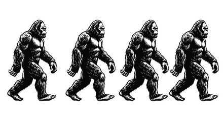 Walking Bigfoot vector illustration, Sasquatch side profile, mythical creature character, hairy ape man, monochrome set, isolated on white background.