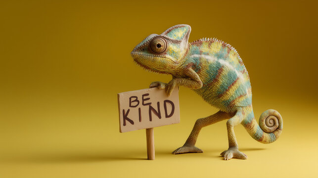 AI generated chameleon holding be kind sign, empathy and compassion concept with minimal background