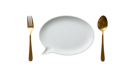 White Speech Bubble Plate With Gold Fork and Spoon isolated on a transparent background