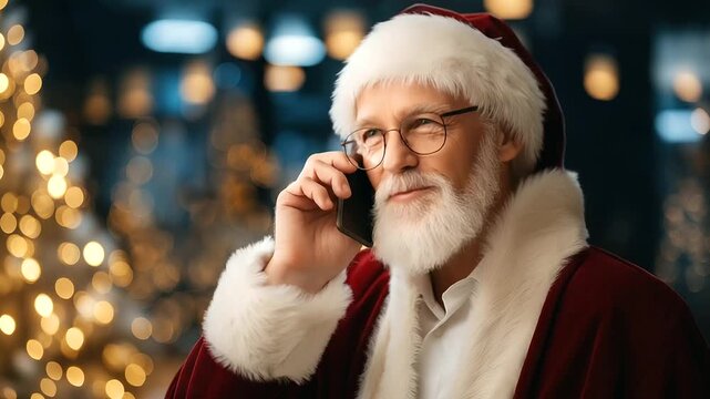 Friendly Santa performer, talks families phone, holiday season spreading, holiday cheer man, dressed Father Christmas, creating joyful atmosphere, speaking cellphone festive, facel
