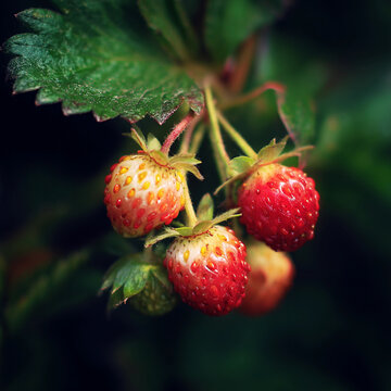 A close-up photograph of wild strawberries growing in a meadow