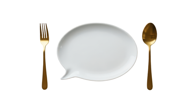White Speech Bubble Plate With Gold Fork and Spoon isolated on a transparent background - Powered by Adobe