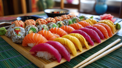assorted sushi platter with fresh ingredients on a white background