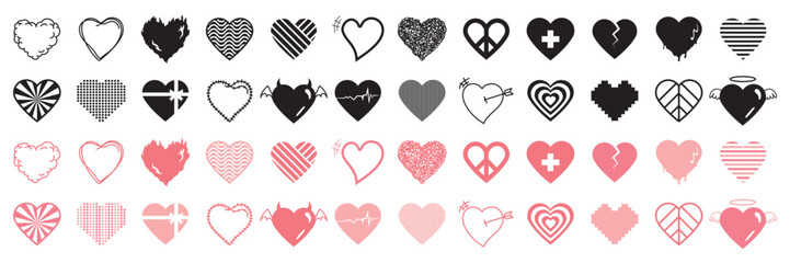 Set of assorted heart icons in multiple styles for romance, love themes, and decorative designs.