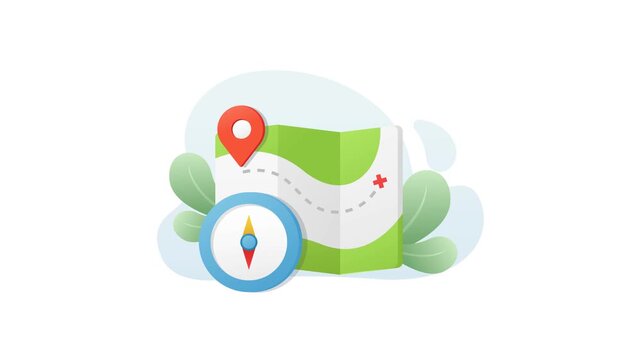 4K animation of a folded map, a compass, and a location pin symbolizing navigation, exploration, and planning outdoor adventures. Great for travel, hiking, and GPS, map apps, or tourism themes.