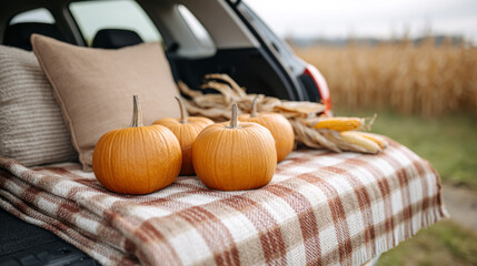 Autumn harvest display in car trunk with pumpkins and corn near field