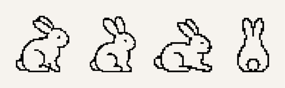 A set of pixelated rabbit icons in various positions, symbolizing the fun and playful nature of Easter and spring.