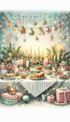 Magical Christmas Table Setting – Watercolor Holiday Scene with Candles, Treats & Fairy Lights for Greeting Cards & Social Media