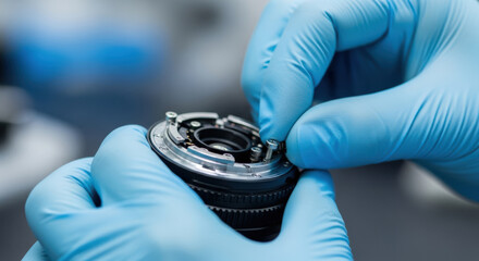 Close Up of Hands in Blue Gloves Assembling a Camera Lens with Screws and Metal Components in a Clean Workshop Environment Precision Engineering