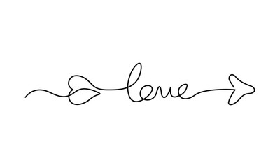 Continuous line drawing of the word love with an arrow and heart