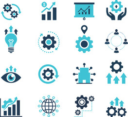 Digital Business Transformation and Strategy Vector Icon set Featuring Gears, Innovation Light Bulbs, Growth Charts, Team Circles, and Global Networks.