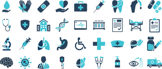 Medical & Healthcare Icon set, Diagnosis, Treatment, Anatomy, and Patient Care Symbols