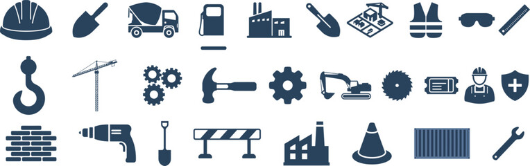Construction & Industrial Icon set, Hard Hat, Crane, Tools, Safety Gear, and Factory Symbols