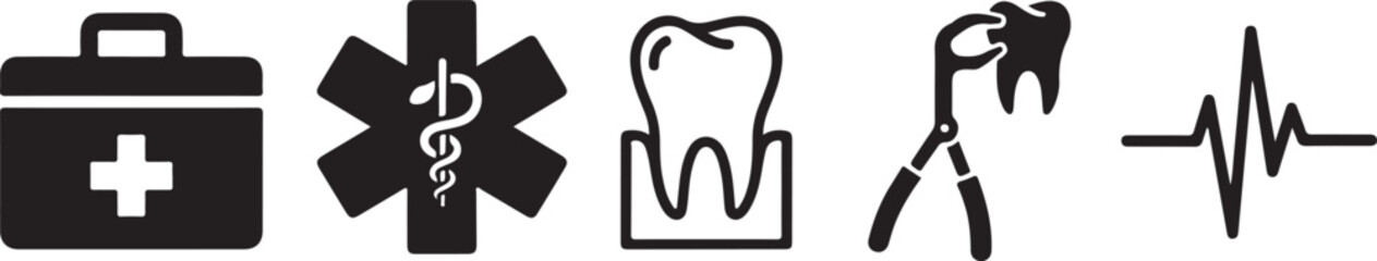 Fototapeta premium Medical emergency and healthcare symbols in a row