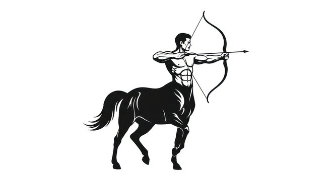 Centaur archer aiming an arrow, black and white illustration