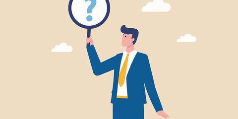 A man in a suit looking through a magnifying glass with a question mark