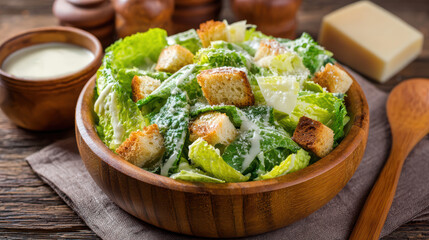 classic caesar salad in wooden bowl with fresh ingredients and creamy dressing