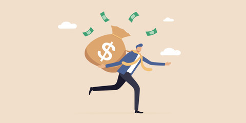 A businessman is running with a bag of money wealth falling around him