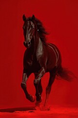 Fototapeta premium Powerful black stallion running through dramatic red backdrop 