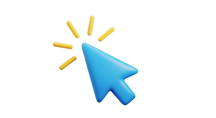 Blue cursor arrow with yellow radiating lines isolated on a transparent background click pointer