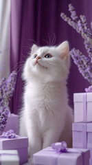 White fluffy kitten with blue eyes gazing upward, seated among lavender blooms and pastel purple gift boxes, evoking innocence, charm and a sweet celebratory mood