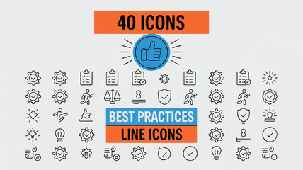 Extensive collection of modern outline vector icons, showcasing best practices, quality standards, and efficient business solutions for various applications