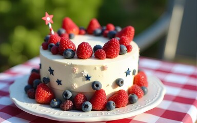 Celebrate Labor Day with a festive cake adorned in red, white, and blue, featuring berries and stars at a summertime gathering. High quality