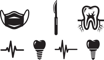Obraz premium Dental care icons including mask tooth screw and ecg lines