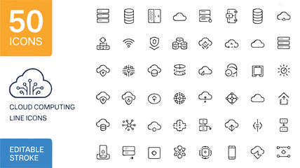 Editable stroke vector illustration 50 clean, minimalist cloud computing line icons for data, network, and technology solutions