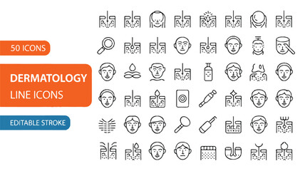 Dermatology Line Icons A Comprehensive Set of 50 Editable Stroke Illustrations for Skin Health and Medical Applications