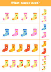What comes next? Educational logic game for kids with cute socks illustration. Worksheet for children.	