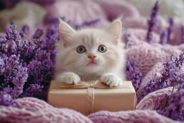 Fluffy kitten peeking from behind a small gift box, surrounded by cozy knitted lavender blanket and fresh lavender flowers, symbolizing innocence and warmth