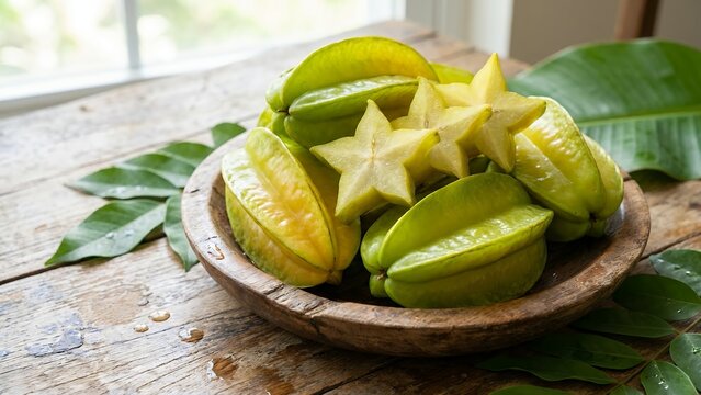 Freshly cut star fruit arranged with whole carambola in carved wooden vessel.