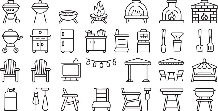 grill backyard barbecue icons for outdoor kitchen and furniture