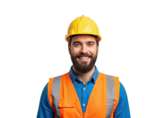 Smiling construction worker wearing a yellow hard hat and orange safety vest isolated on transparent background