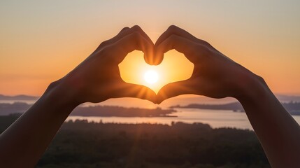 Hands making heart shape at sunset
