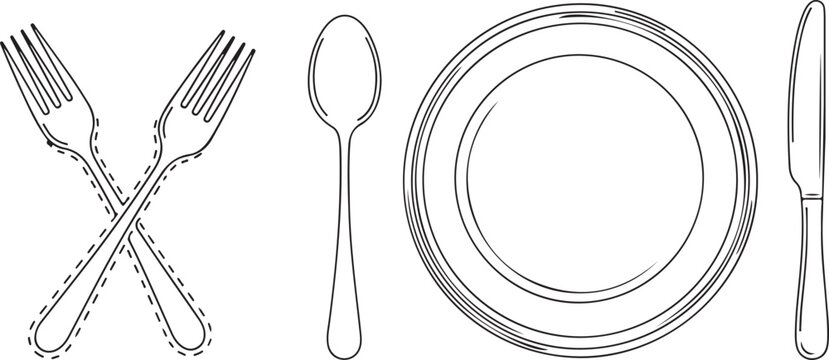 Outline drawing of crossed forks spoon plate and knife on white background cutlery