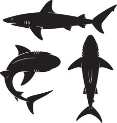 shark icons set three black silhouettes side top curved
