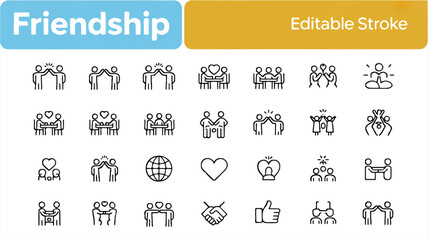 A Clean Vector Illustration of 30 Minimalist Friendship Icons Representing Connection, Support, and Togetherness, Suitable for Various Projects