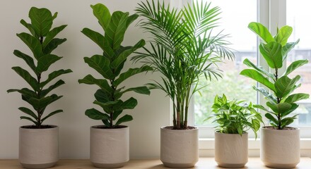 Obraz premium Indoor Oasis: Fiddle Leaf Figs and Palm in Minimalist Pots by Window