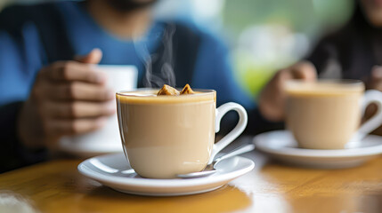 Fototapeta premium Warm cup of tea with steam rising, enjoyed by couple in cozy cafe setting, evokes sense of comfort and connection