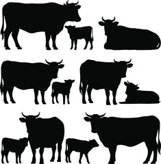 cow vector icons set with adult cow calf resting poses