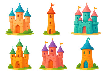 Fototapeta premium Png set of whimsical fantasy castles in vibrant colors isolated on transparent background. concept of fairy tale architecture, imaginative castles, playful magical scenery
