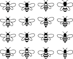 bee icon set cartoon bee illustrations grid pattern vector